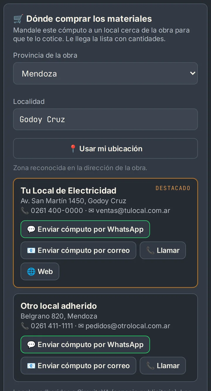 La solapa Cómputo de CircuitoYA con la tarjeta Dónde comprar los materiales: un local destacado con el botón Enviar cómputo por WhatsApp